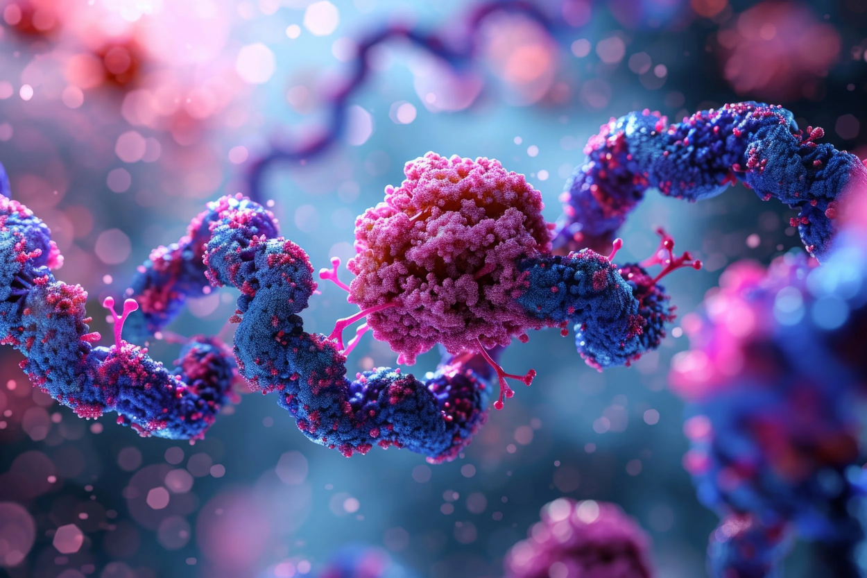 3D illustration of a protein or biomolecular condensate interacting with a DNA double helix strand, representing programmable gene insertion and editing technology