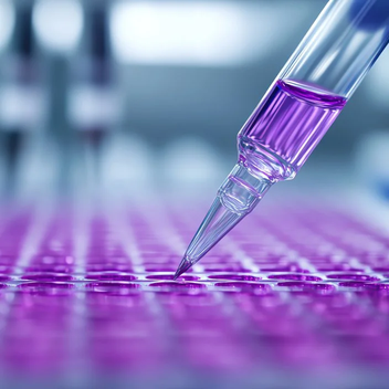 Close-up of a laboratory pipette dispensing purple liquid into a multiwell plate, representing gene editing research and development in a laboratory setting