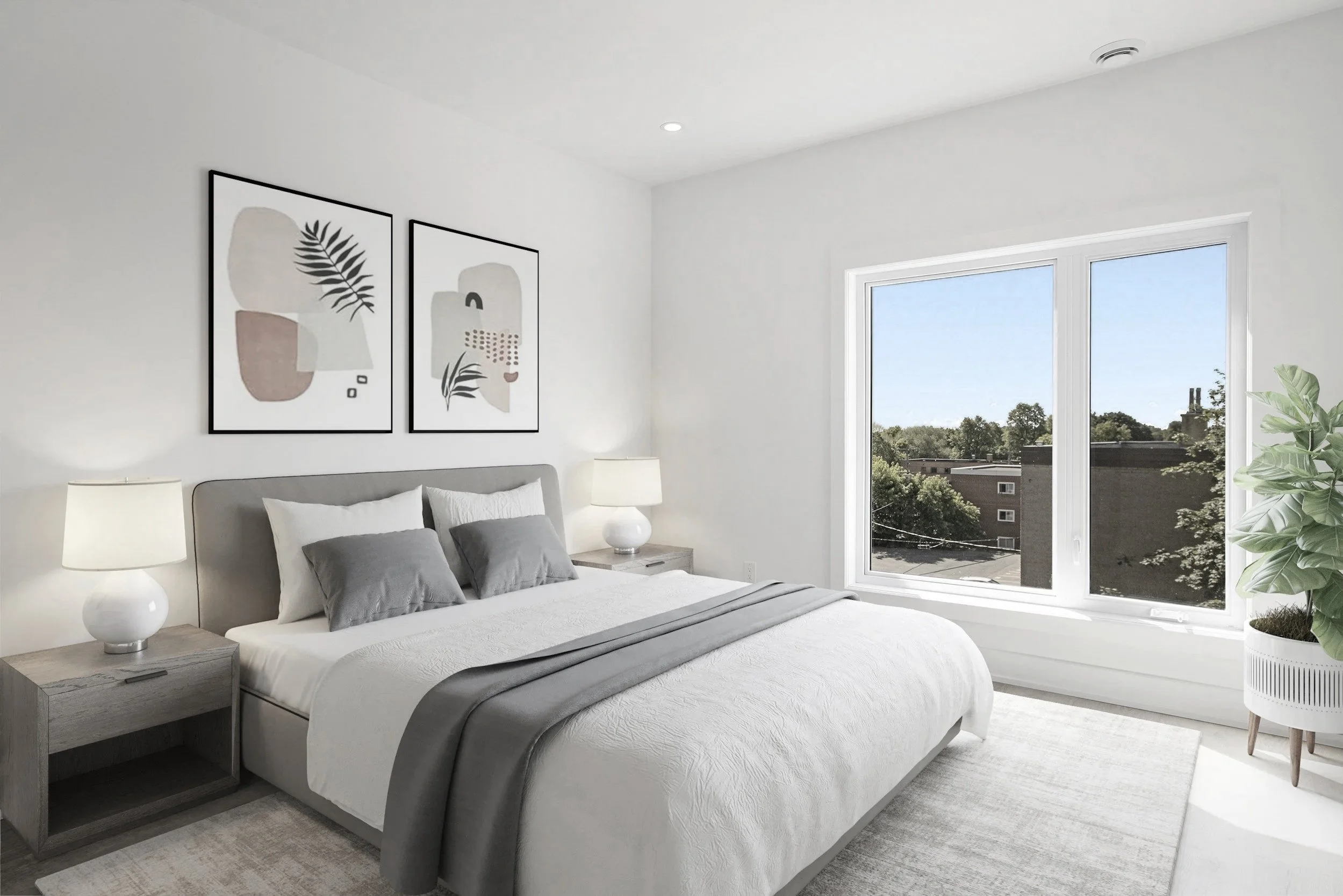 Modern serviced-accommodation bedroom staged by MSI Property Group in the UK — clean, bright interior showing professional property management and high-quality design.