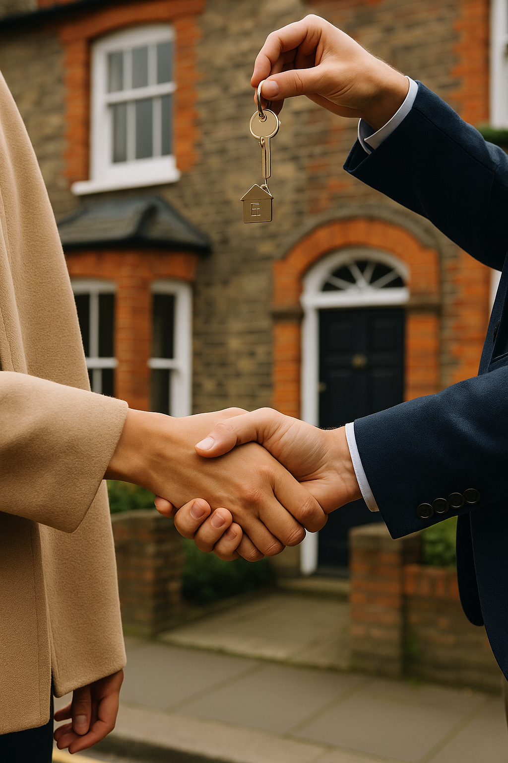 Two people shaking hands in front of a brick property, representing partnership and collaboration in UK property investment.