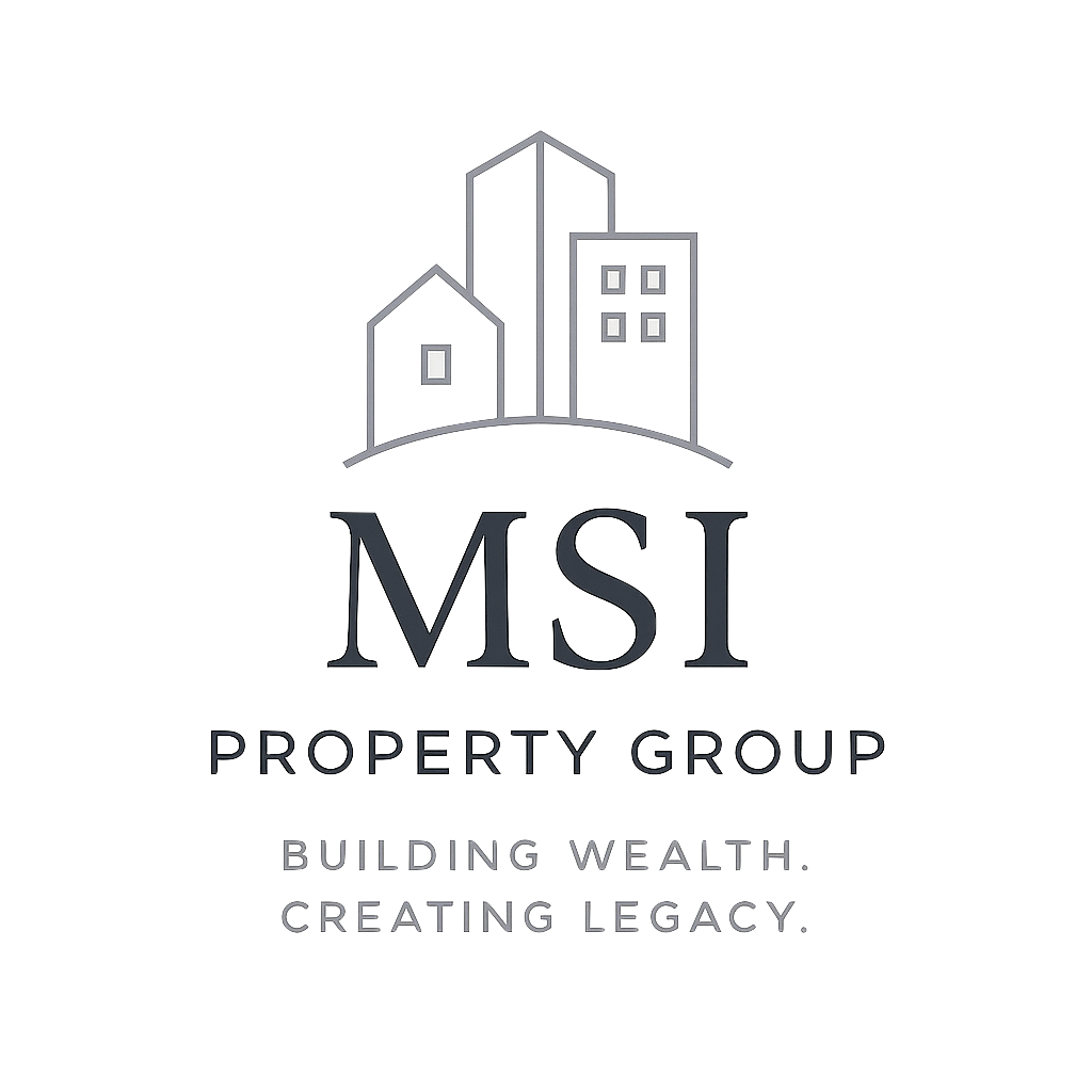 Logo for MSI Property Group featuring stylized buildings above the company name, with the tagline "Building Wealth. Creating Legacy."