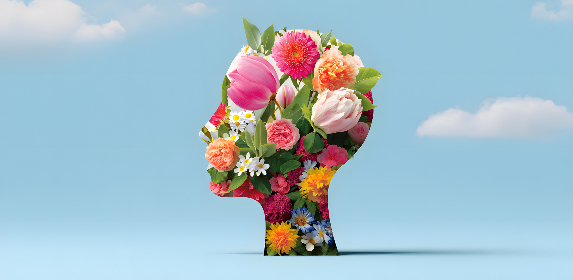 A keyhole-shaped cutout filled with colorful flowers, set against a blue sky with a few clouds.