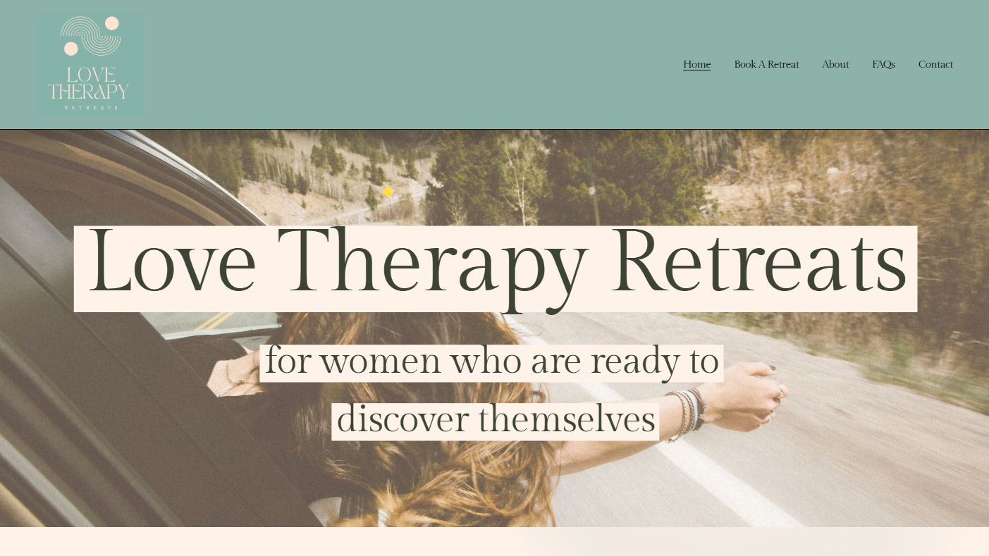 Screenshot of Love Therapy Retreats website homepage, showing a woman driving a car with open hair and mountains in the background, with text mentioning retreat services for women.