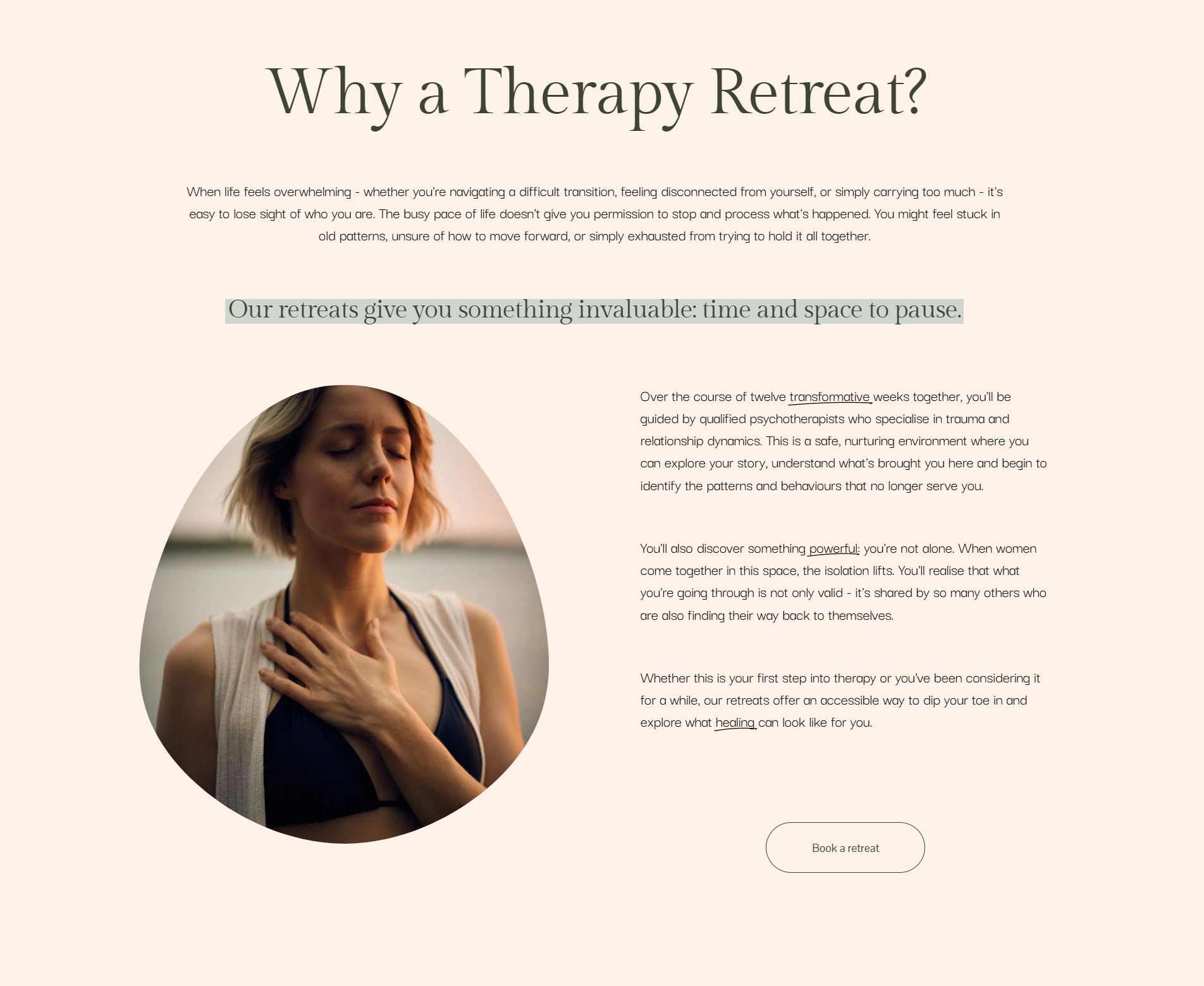 A woman with short blonde hair and closed eyes, wearing a dark top, sitting outdoors with her hand on her chest and appearing meditative or relaxed.