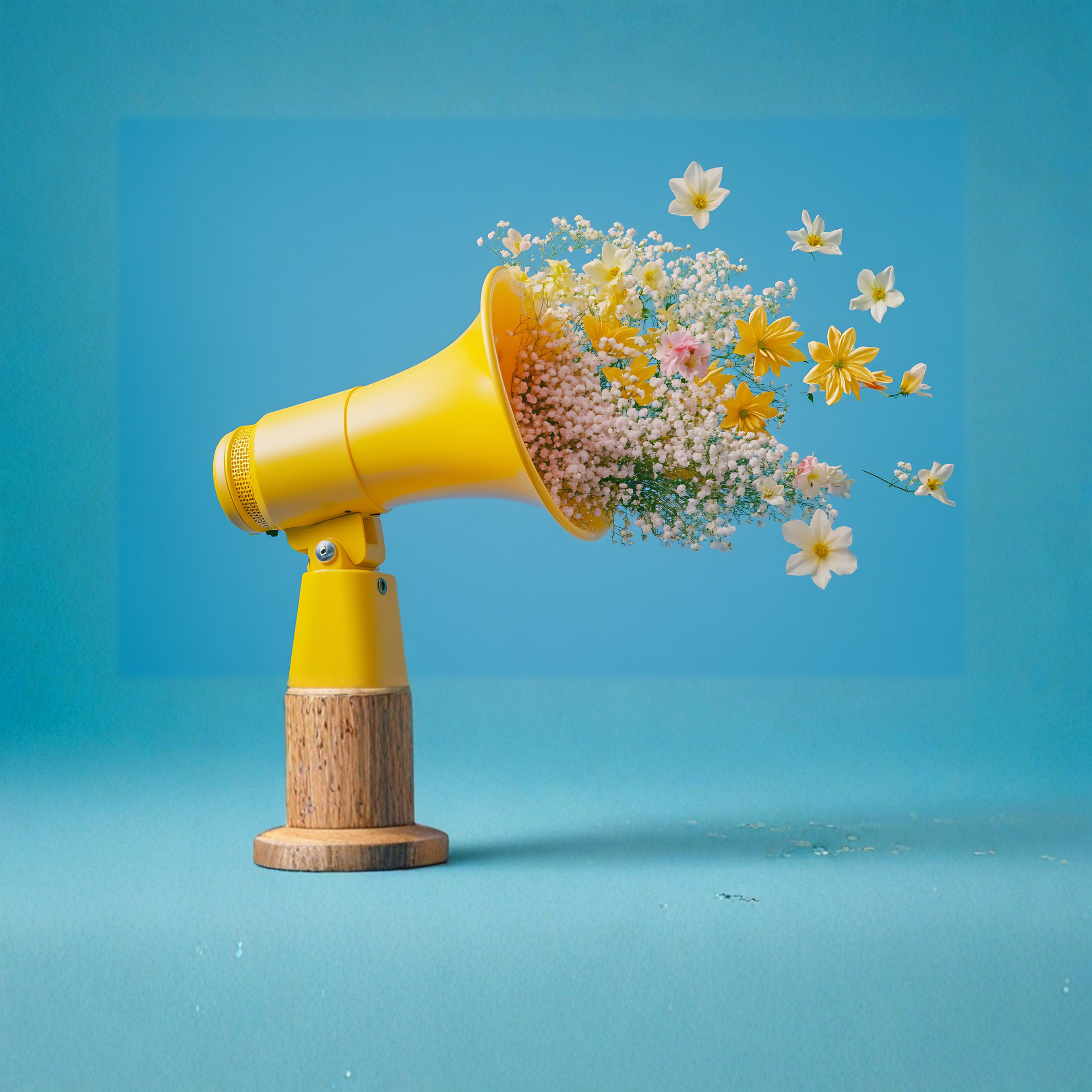A yellow megaphone with flowers coming out of it, set against a blue background.