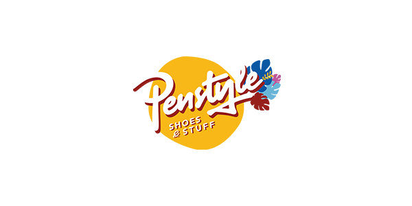 Logo de Penstyle Shoes & Stuff avec un cercle jaune et des éléments floraux colorés.