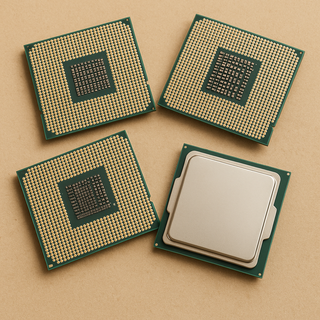 Bilde av fire dater, tre med prosessorer utsyn på undersiden og en med prosessorsokkel fra en datamaskin.