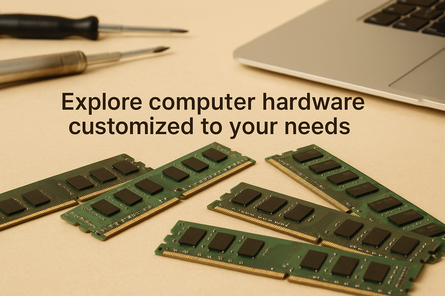 Bilde av tre RAM-minne og verktøy på et bord med teksten "Explore computer hardware customized to your needs".
