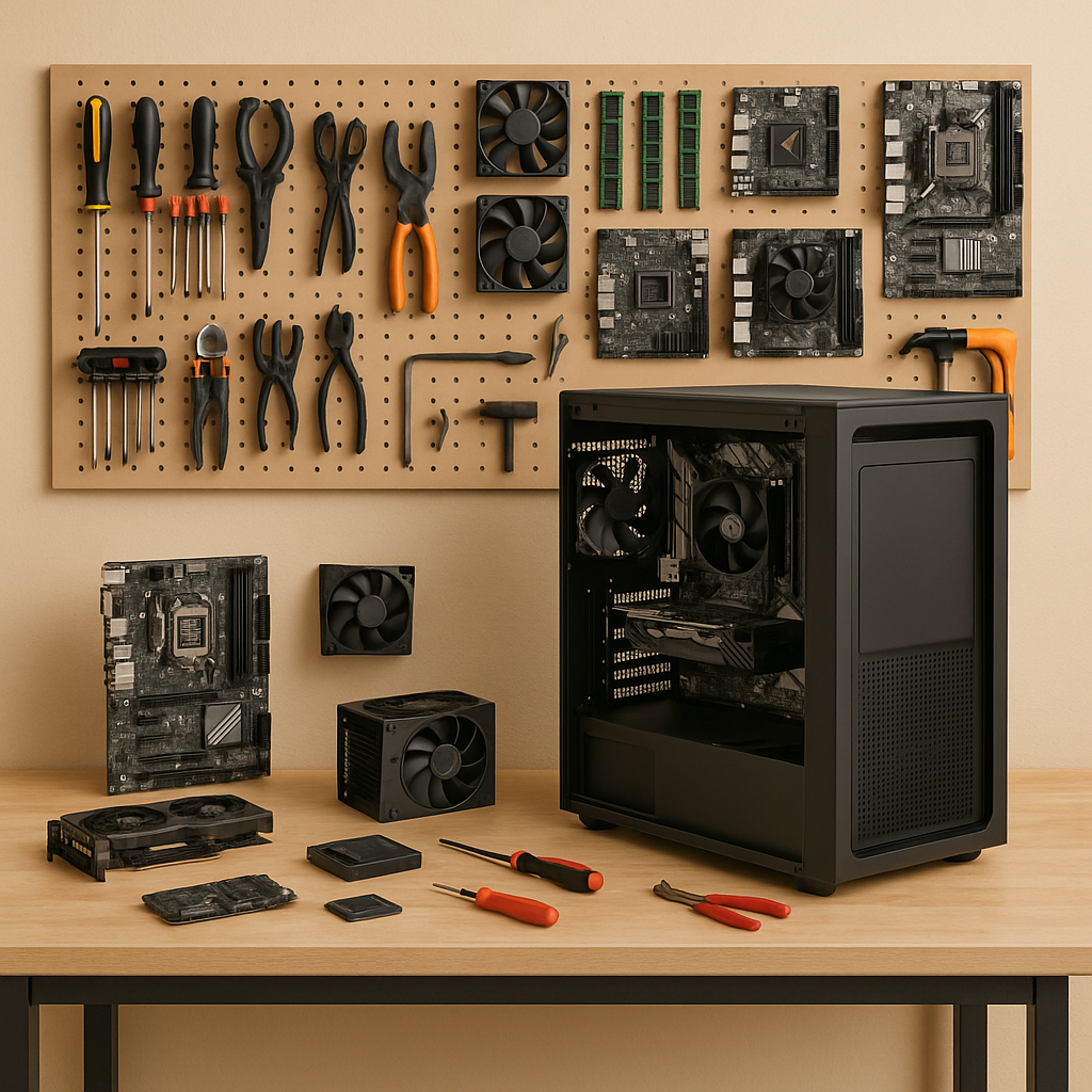 En arbeidsbenk med computer-verksted, med et åpent PC-kabinett, verktøy som skrutrekkere og tang, og ulike PC-komponenter som fjerne hovedkort, vifter, RAM-minne og grafikkort.