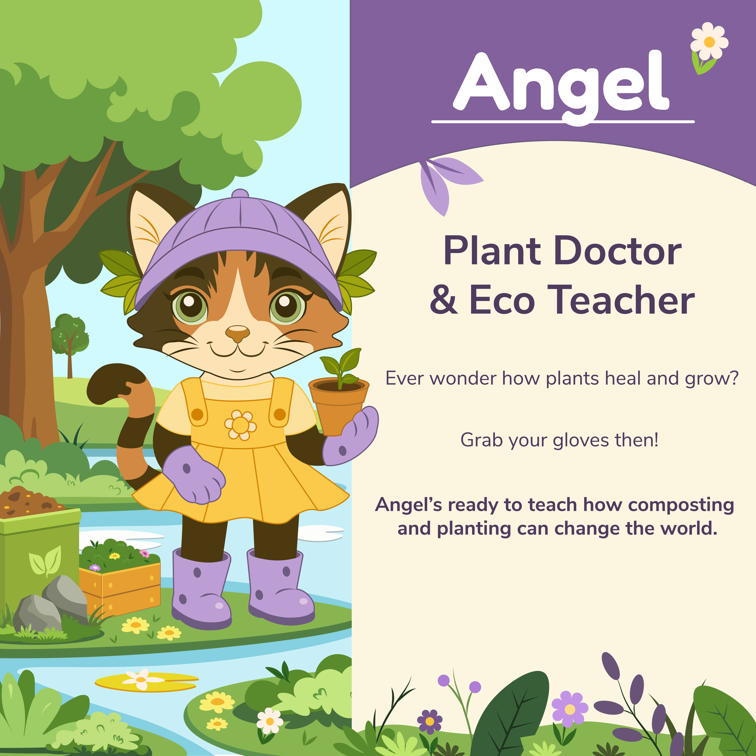 Angel learning how to care for plants