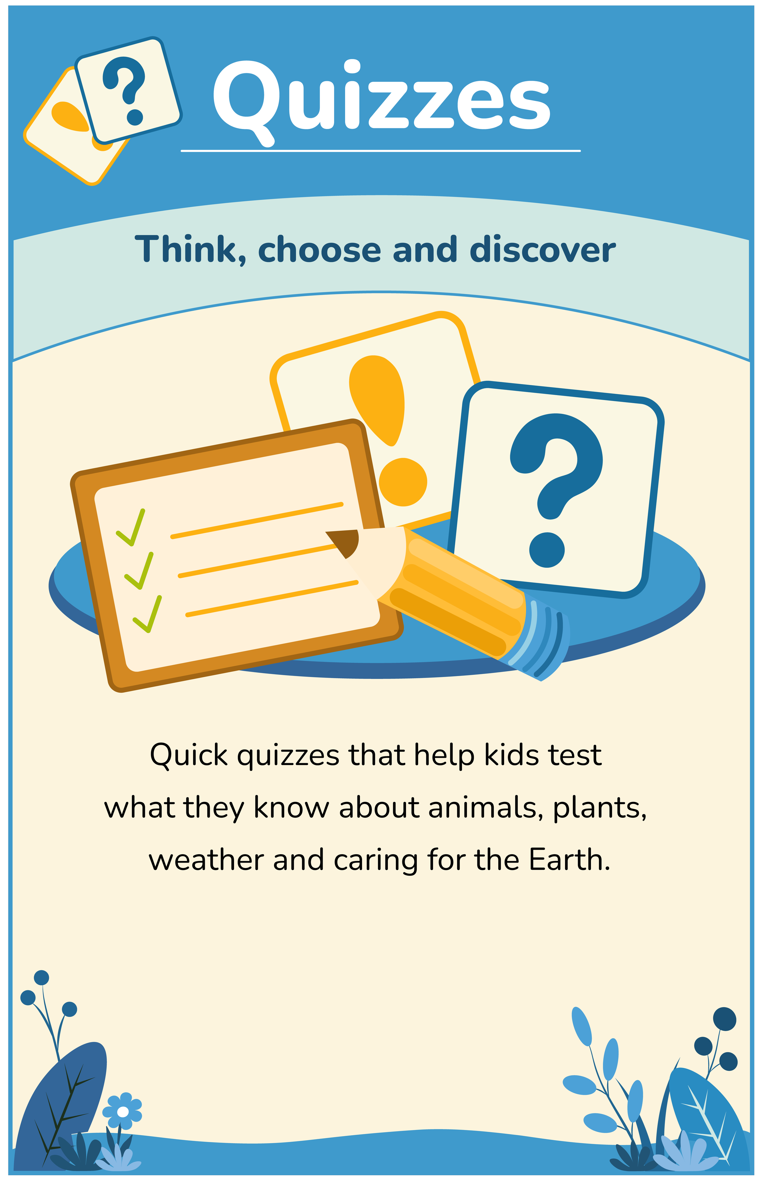 Quizzes booklet for learning about animals, plants, weather and Earth care