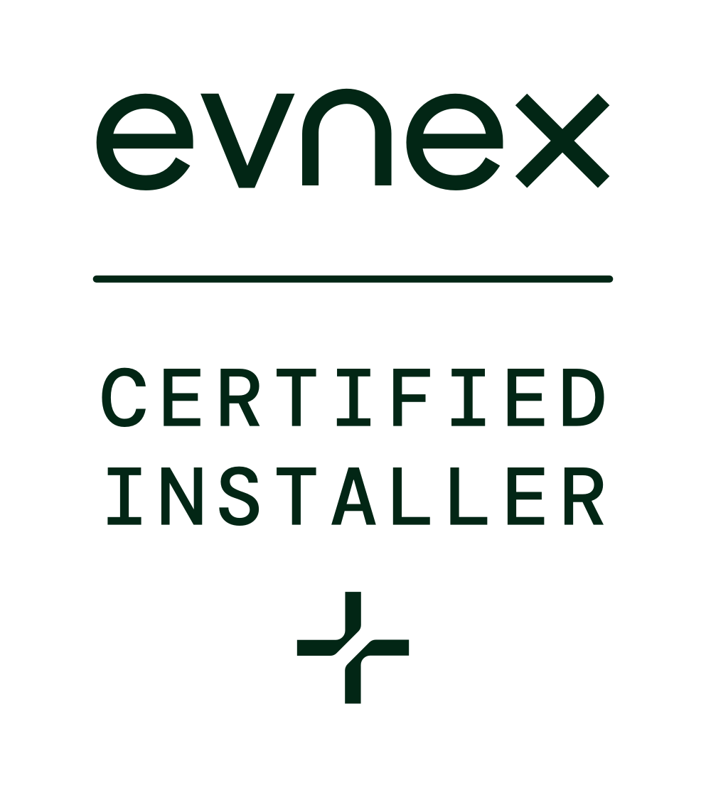 Evnex EV charger certified installer badge with the Evnex logoform at the bottom.