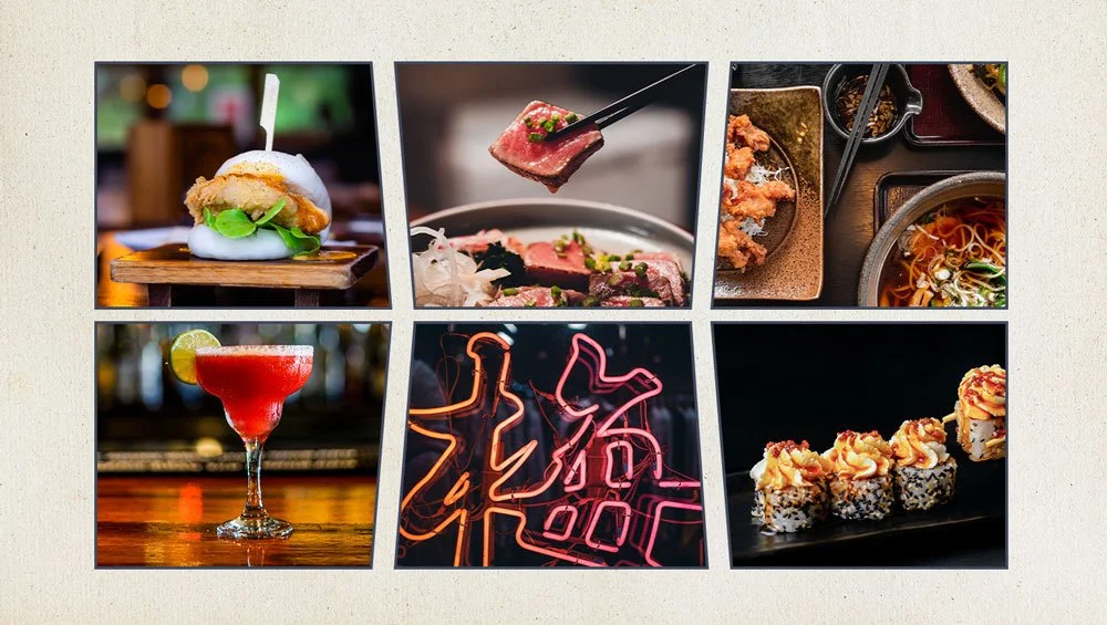 Six photos showcasing a burger, sushi, Chinese food, a cocktail, neon sign, and sushi rolls.