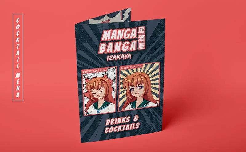 A menu poster for MANGA BANGA IZAKAYA with a pink background. It features comic-style illustrations of a red-haired girl before and after drinking cocktails, showing different facial expressions. The poster highlights "Drinks & Cocktails" and has a vertical sidebar on the left labeled "COCKTAIL MENU."