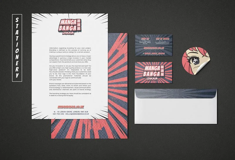 Business stationery for Manga Banga Izakaya includes a letterhead, two business cards, a sticker, and an envelope, all featuring red, black, and white manga-themed designs.