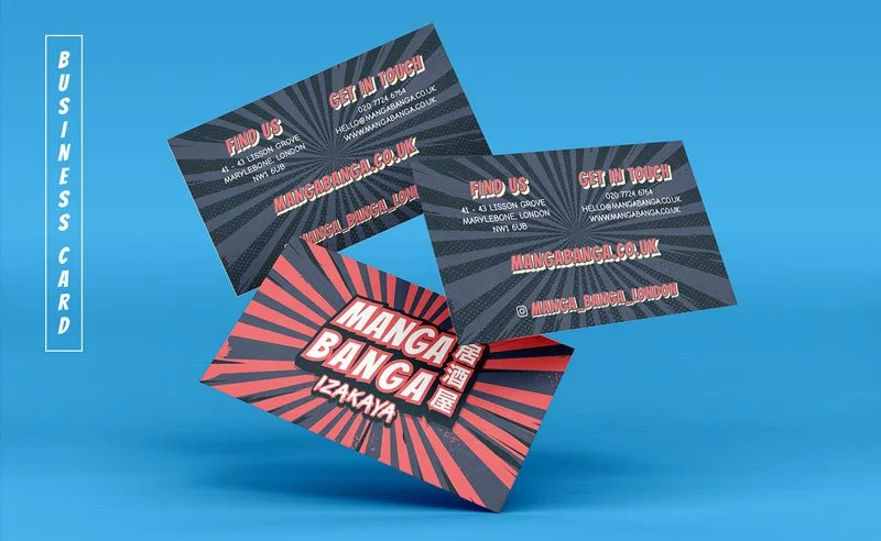 Three business cards on a blue background, with two cards showing contact information for Mangabanga and one card with the logo 'Manga Banga Izakaya' in red and white with a red and black radial striped background.