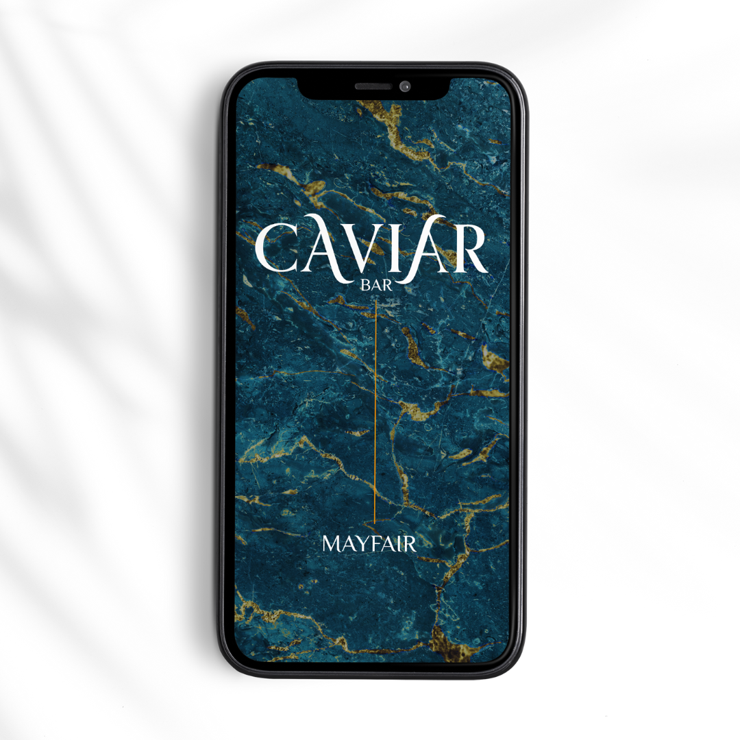 Smartphone displaying a blue and gold marbled design with the text 'CAVIAR BAR' and 'MAYFAIR' on the screen.