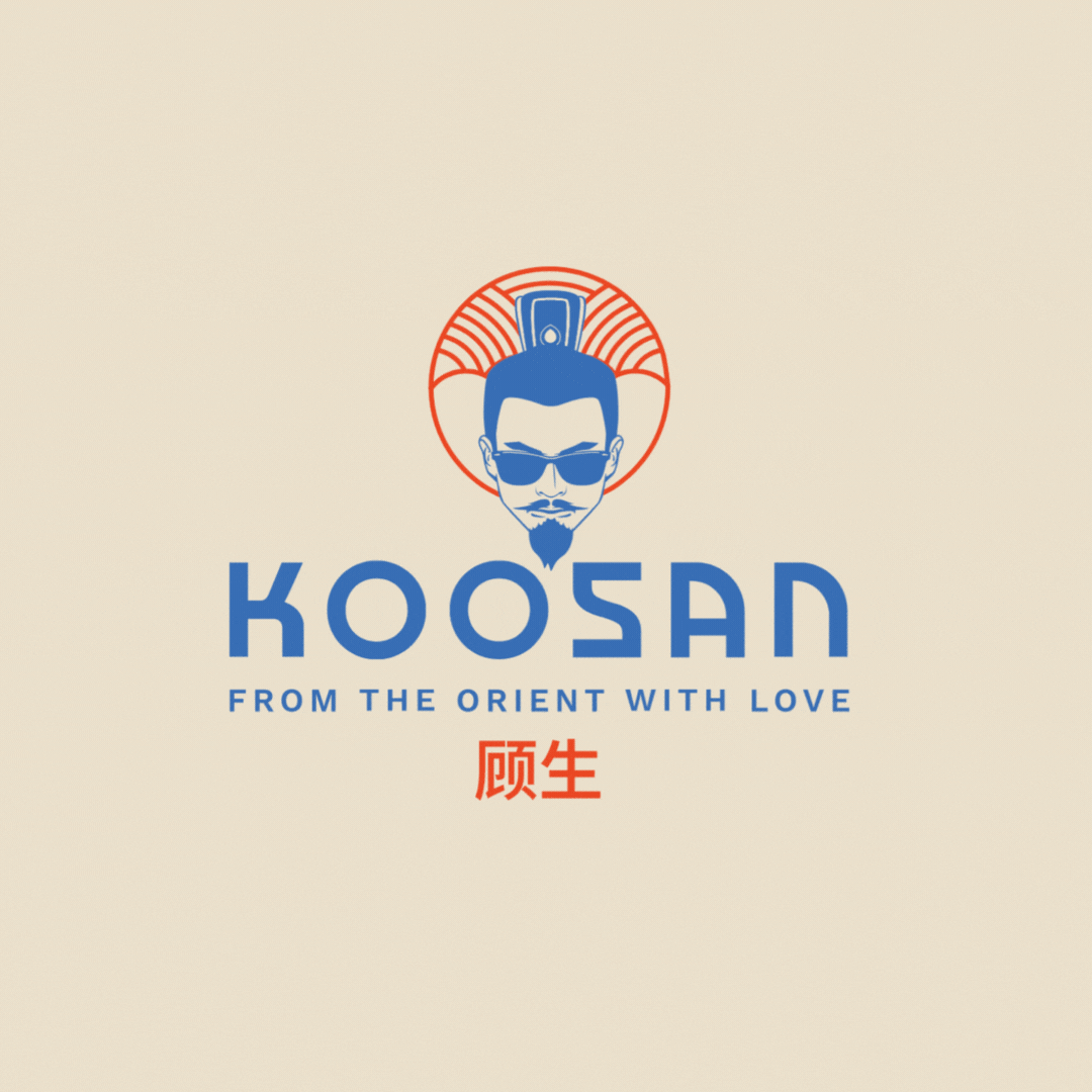 A logo with a stylized illustrated man's face wearing sunglasses and a distinct hairstyle, with a red semi-circle background resembling a sun. Text below reads 'KOOSAN' in blue, followed by 'FROM THE ORIENT WITH LOVE' and Chinese characters in red.