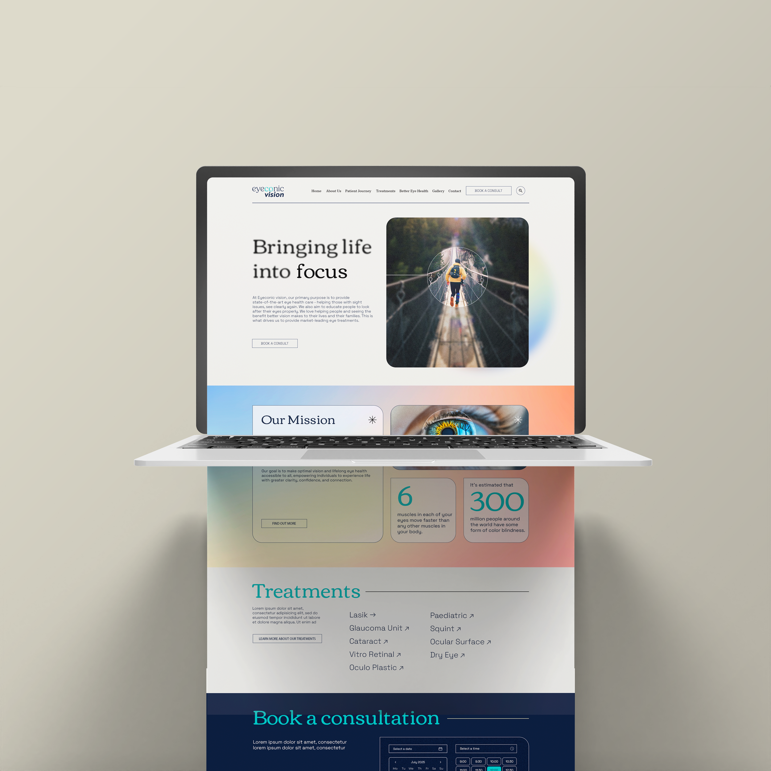 Laptop displaying an eye care clinic website with images, text about eye treatments, mission, statistics, and a booking consultation section.