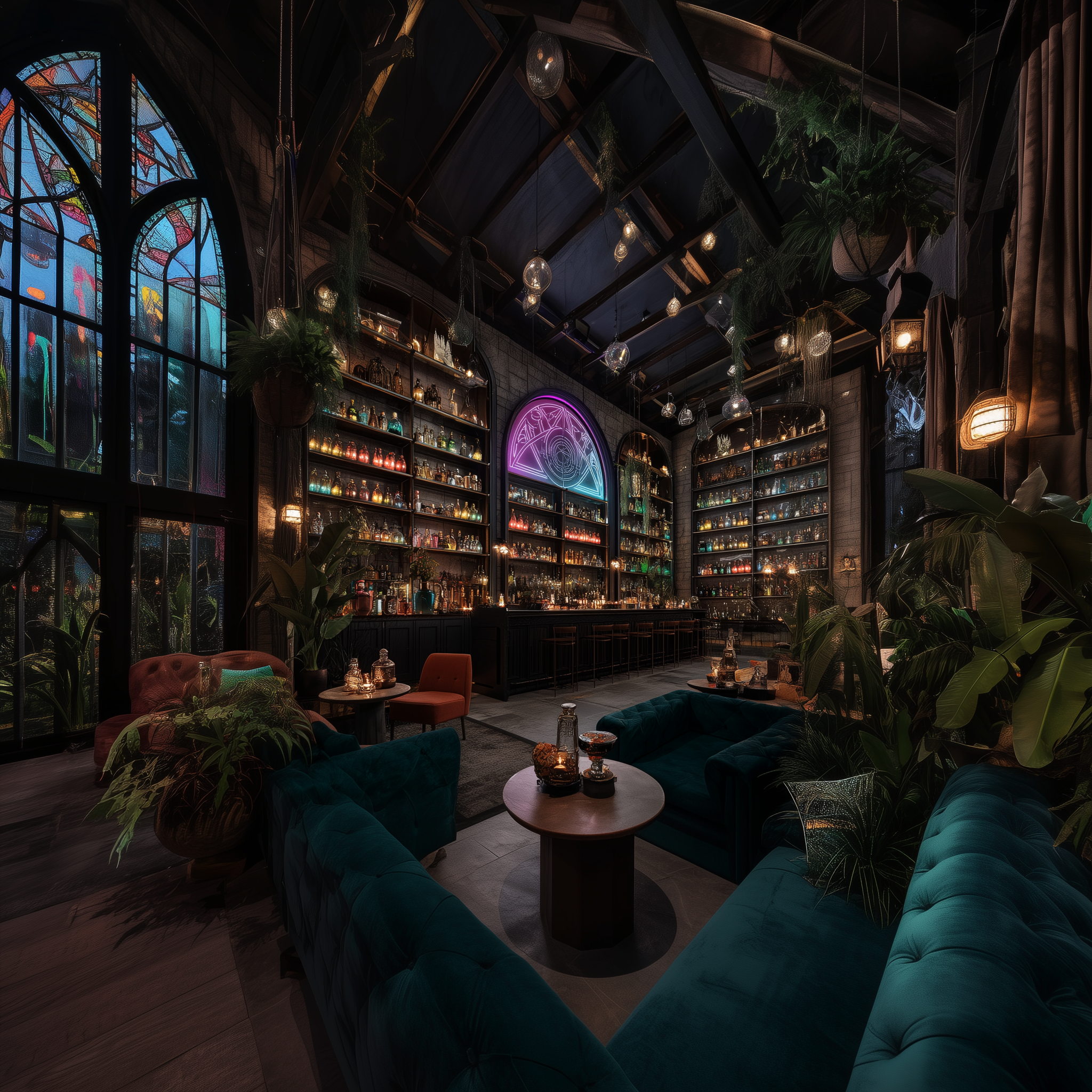 A dimly lit bar with tall shelves filled with colorful bottles, large stained glass windows, velvet sofas, and lush green plants, creating a cozy, stylish atmosphere.