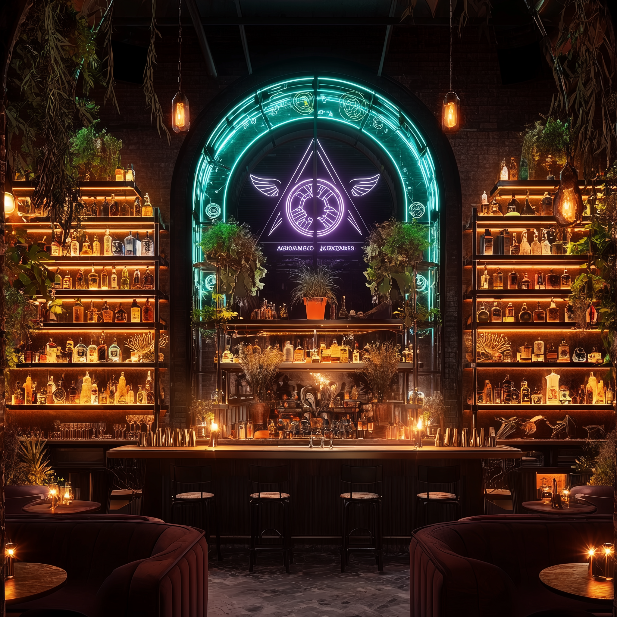 A dimly lit bar with shelves of bottles, illuminated by warm lights, and a neon sign with a geometric design and text in the background.