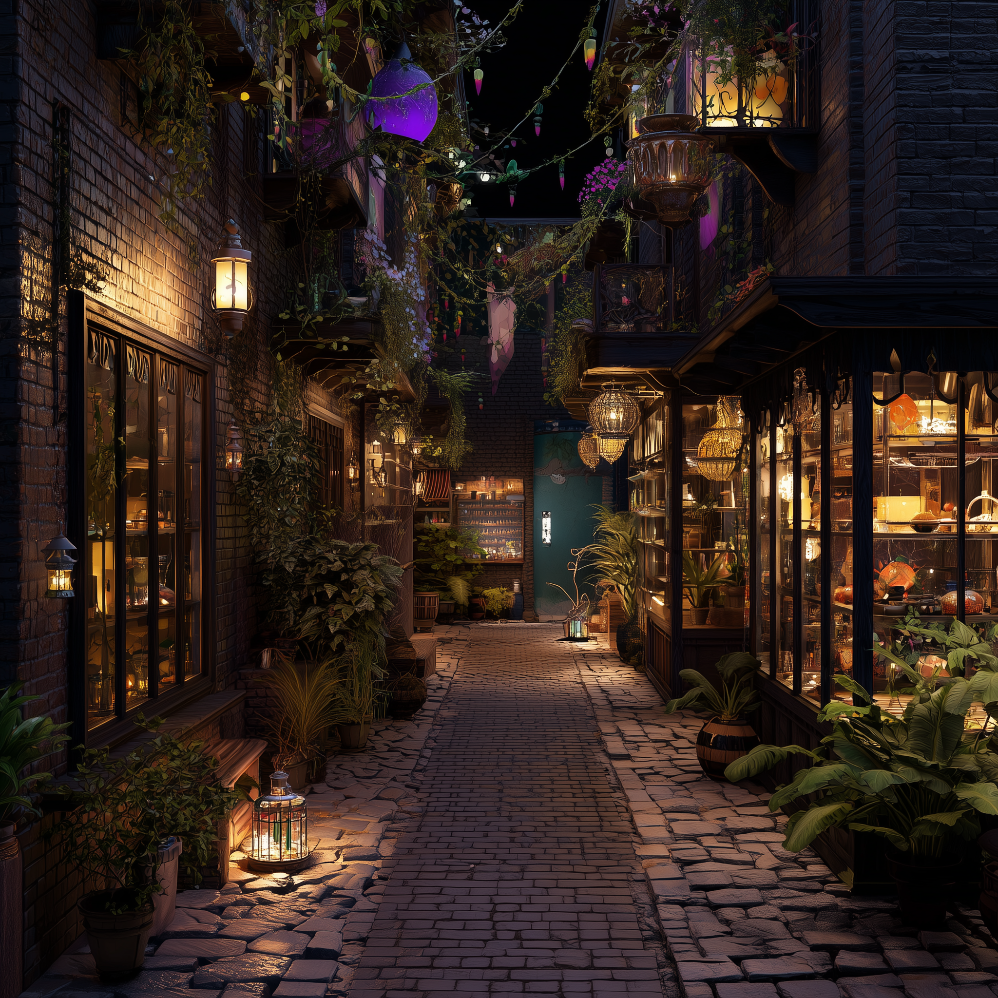 A narrow cobblestone alleyway at night with warm lighting, plants, lanterns, and decorative lamps, flanked by brick buildings with large glass windows and hanging plants overhead.
