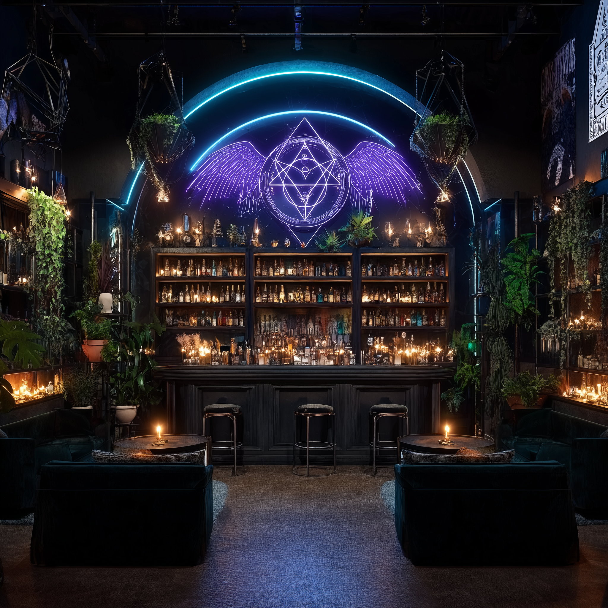 A dimly lit bar with neon and candle lighting, surrounded by greenery and plants, featuring a neon artwork of an angel with wings and mystical symbols above the bar.