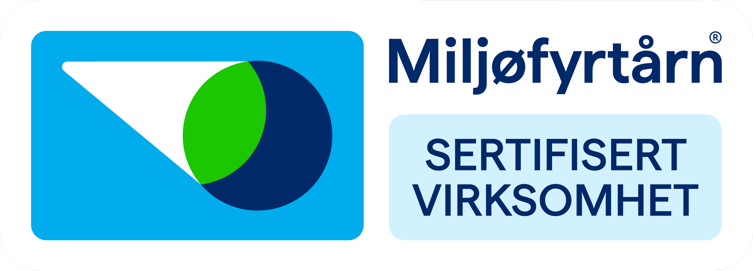 Miljøfyrtårn-sertifisering logo med blå og grønne sirkler og tekst på norsk