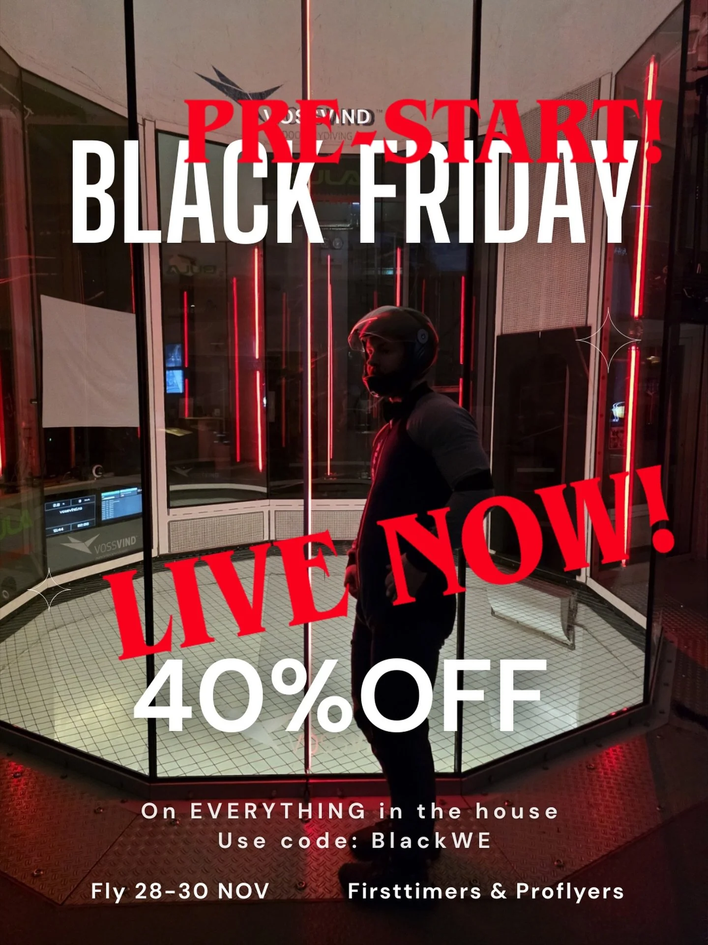 We are pre-starting Back Friday! 
Come on over and get 40% on everything!! 

#vossvind #flywithfriends #blackfriday #windtunnel #vossfhsekstrem #funday