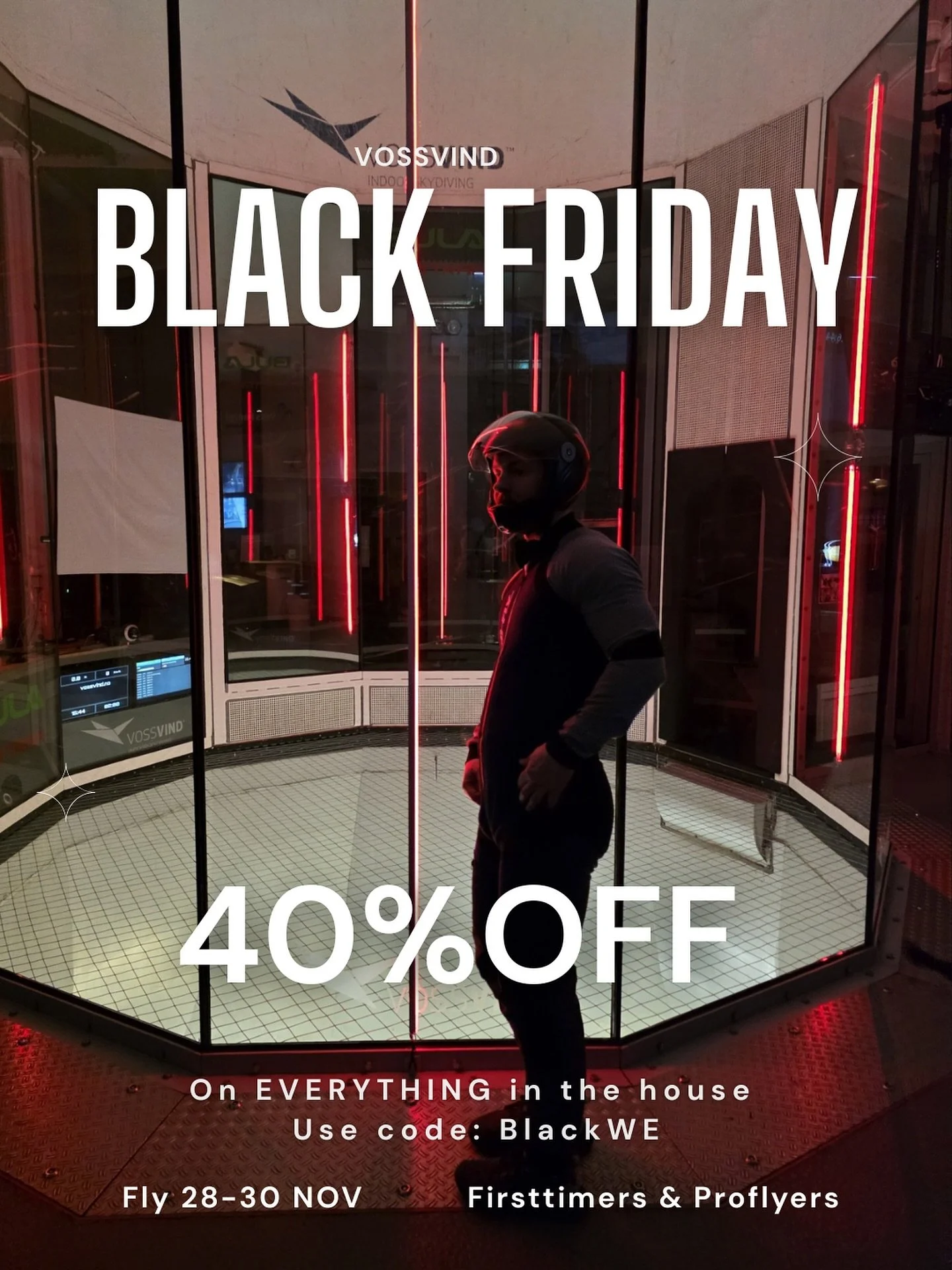 🎉✨ BLACK FRIDAY WEEKEND! ✨🎉

Enjoy 40% off everything from the original price! 

This offer is valid for both first-timers and pro flyers, with a maximum of 1 hour per pro flyer.
Use code &ldquo;BlackWE&rdquo; on www.vossvind.no to use your discoun