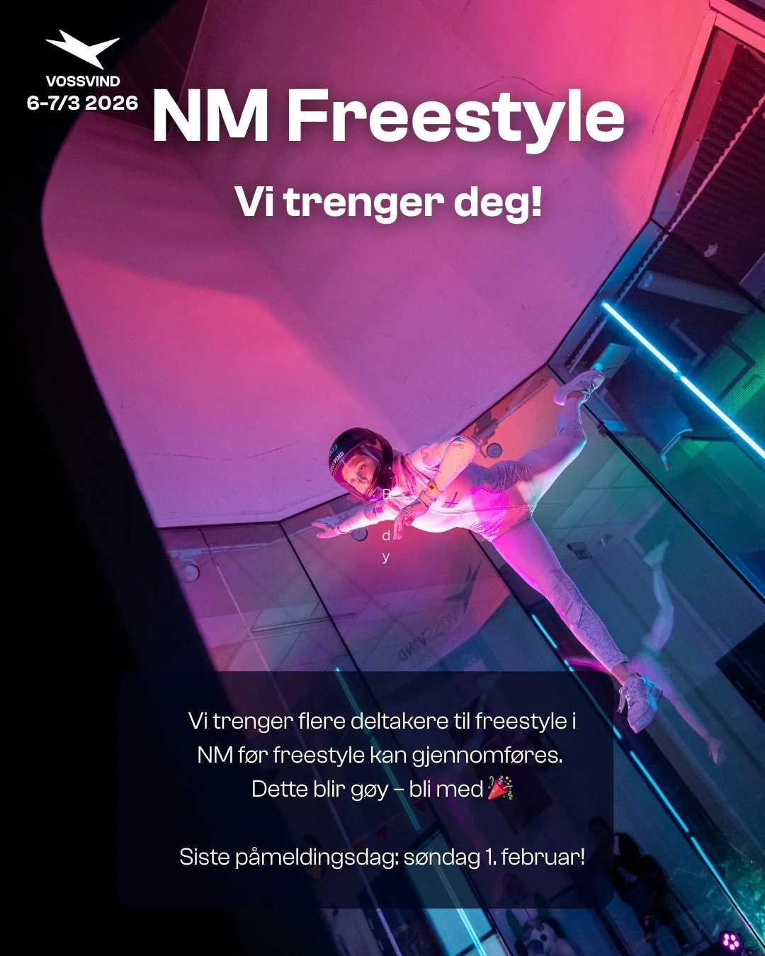 Vi trenger flere deltakere i enkelte disipliner til NM! 💪

Bli med selv eller f&aring; med vennene dine og bli med p&aring; moroa! 
Dette blir b&aring;de spennende, l&aelig;rerikt og superg&oslash;y &ndash; du vil ikke g&aring; glipp av det! ✨🤩 

?