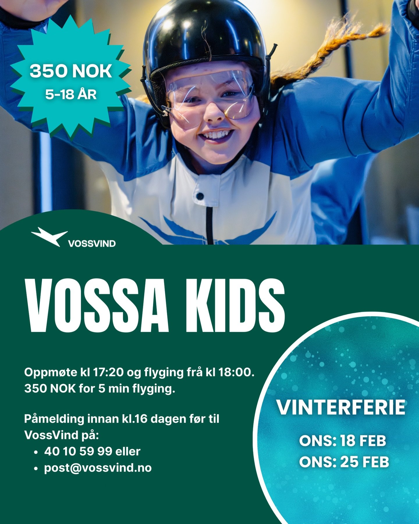 Ta med barna p&aring; vinterferien til Voss Vind! 🎉
Alle barn mellom 5 og 18 &aring;r flyr for 350 kr p&aring; onsdager. Oppm&oslash;tetid: 17.20.