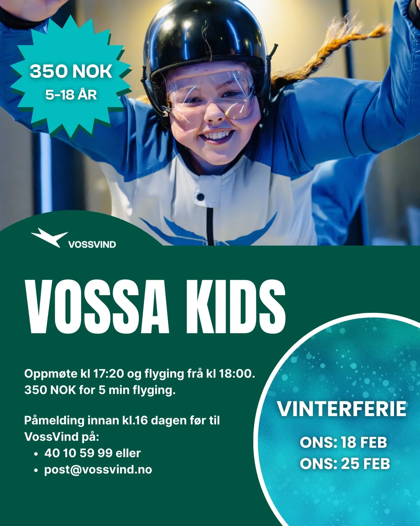 Ta med barna p&aring; vinterferien til Voss Vind! 🎉
Alle barn mellom 5 og 18 &aring;r flyr for 350 kr p&aring; onsdager. Oppm&oslash;tetid: 17.20.