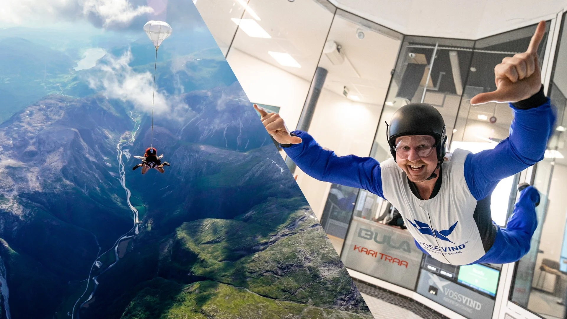 Delt bilde, collage. Person i fvindtunnel innendørs, smilende og peker, sammen med et bilde av noen som hopper i fallskjerm over Voss.