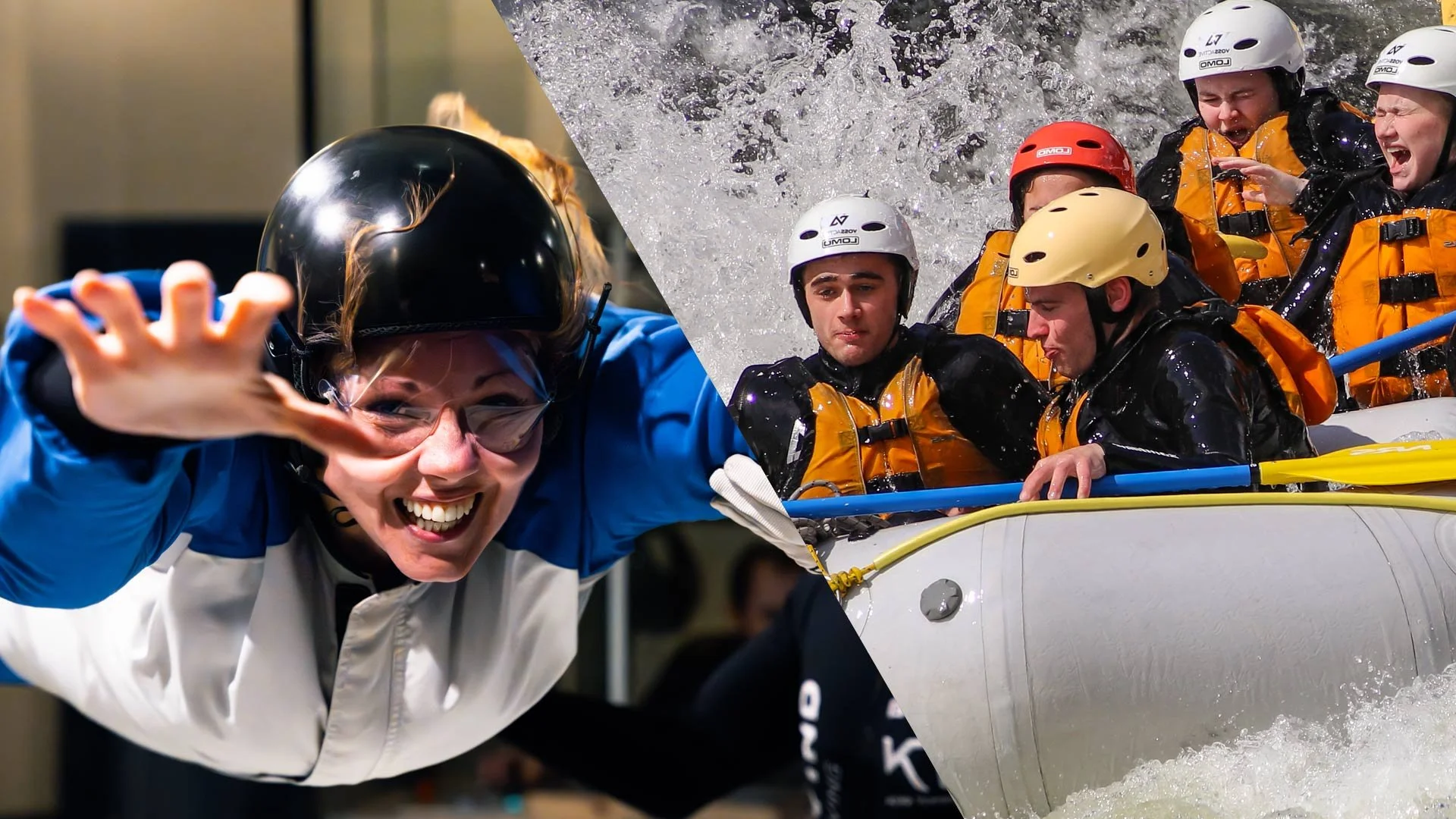 Delt bilde, collage. Kvinne som smiler og gjør en håndgest mens hun bruker hjelm og flyr i vindtubell, side om side med en gruppe personer som rafter i elv.