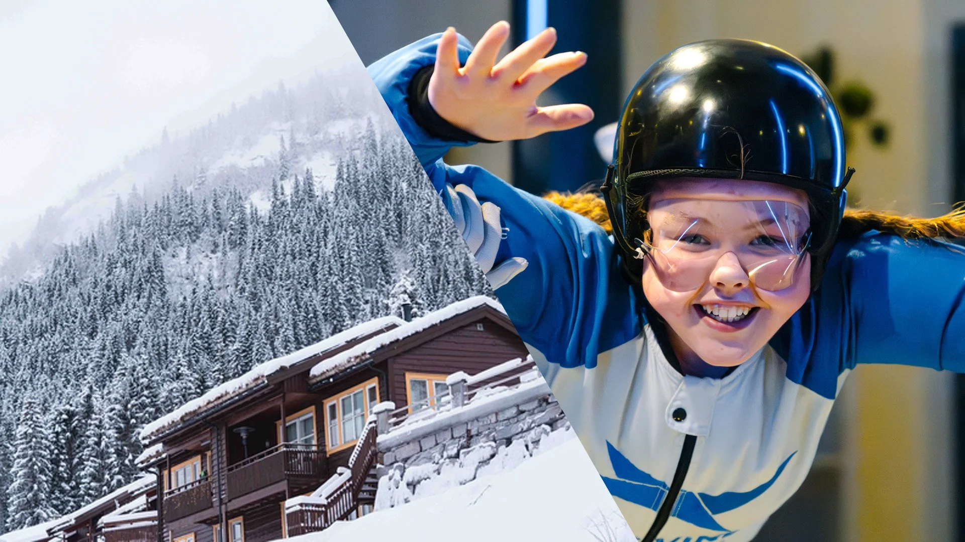 Delt bilde, collage. Bilde av et snødekket fjellområde med en trehytte i forgrunnen sammen med en jenteflyvende i vindtunnel.  Jenten smiler og svever mot kamera. Med flybriller og hjelm.