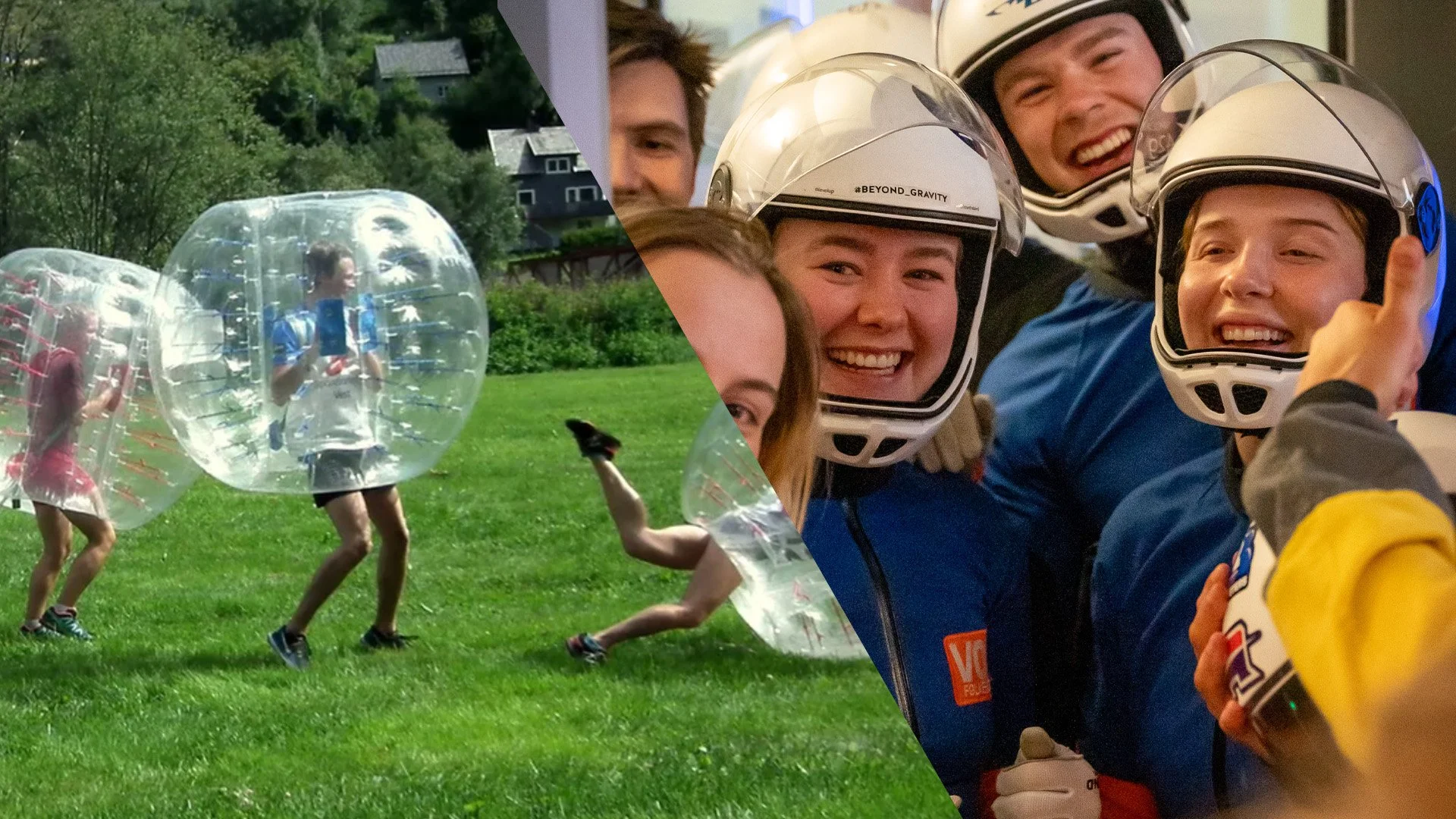 Delt bilde, collage. Bilde av personer som spiller boblefotball på en grønn plen, sammen med et bilde av en smilende gjeng med flyhjelmer.