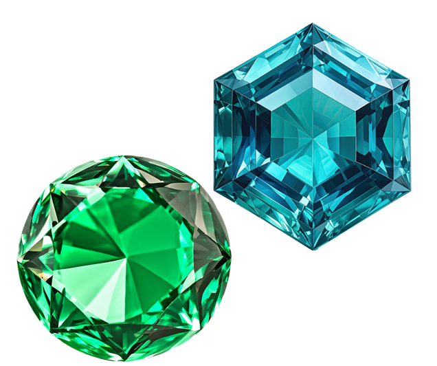 Two large, vibrant, faceted gemstones, one green and one blue