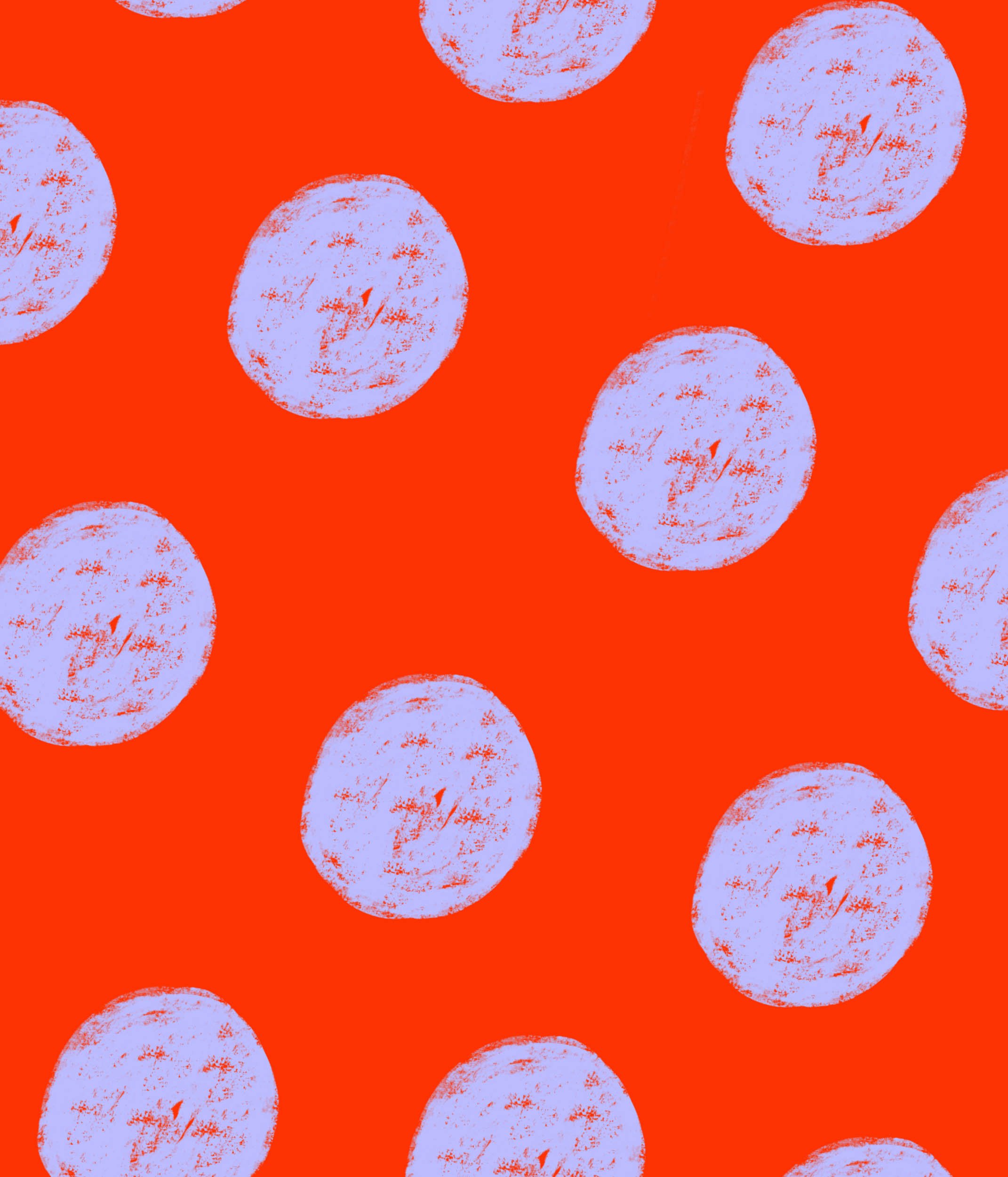 Pattern of light purple circles with textured appearance on a bright red background.