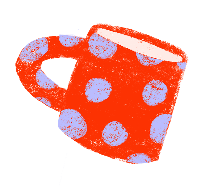 Illustration of a red polka-dotted hockey mask with eye holes and a white patch on top.