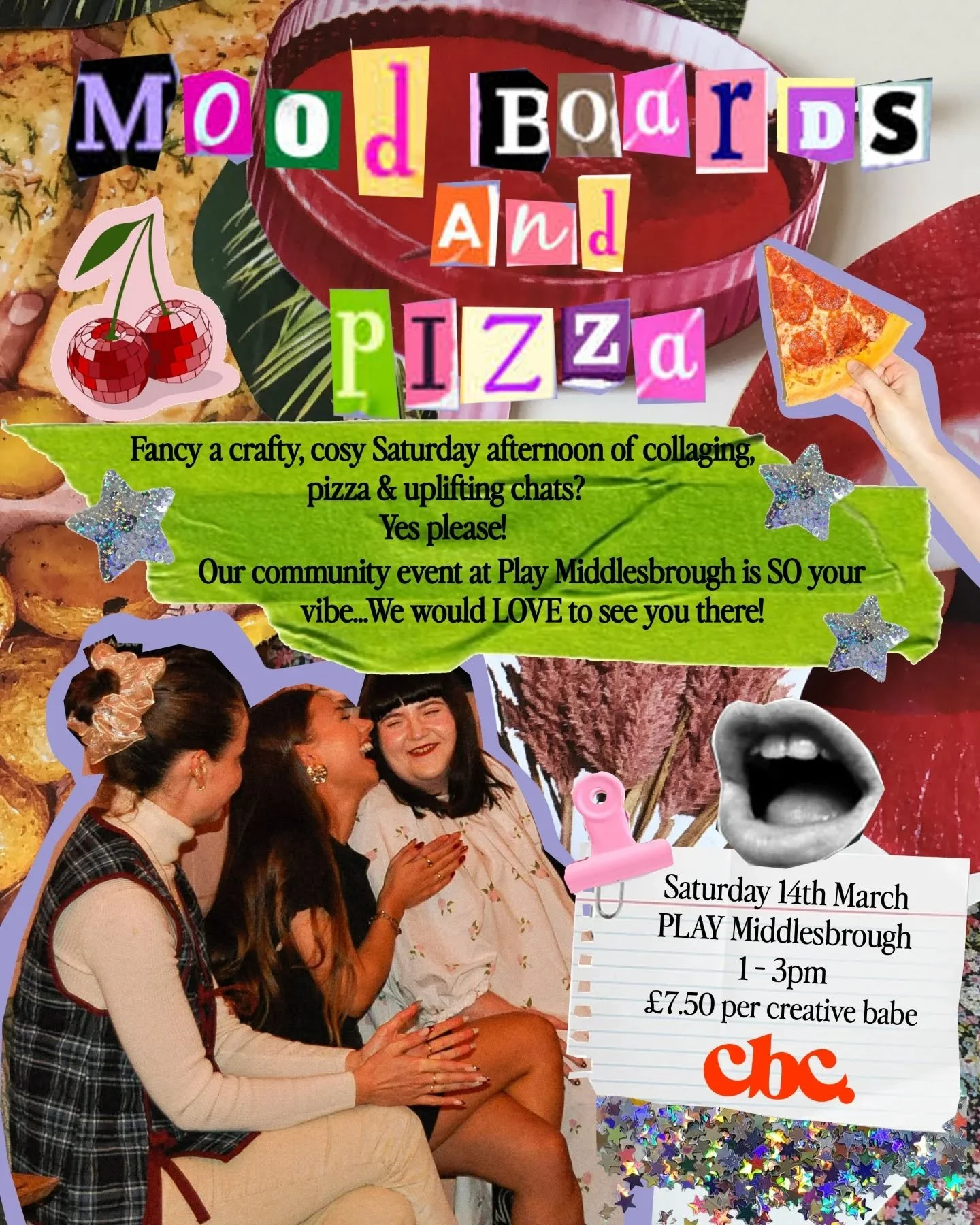 We're back! 🍒🪩

We are loving seeing you buy your tickets for our next event and we have room for more creative babes! 🤞

Fancy a crafty, cosy Saturday afternoon of mood board collaging, pizza and uplifting chats? ✂️🍕 
If so, our Community Event 