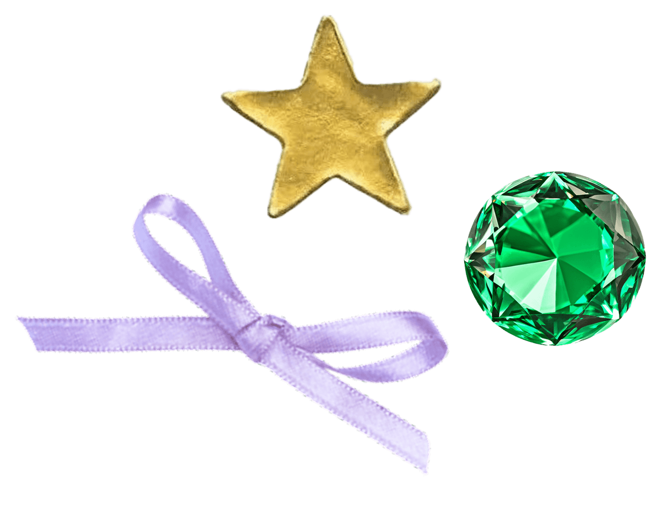 A gold star, a purple ribbon tied in a bow, and a green faceted gemstone against a black background.
