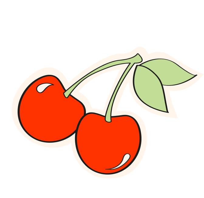 Cartoon illustration of two cherries with green leaves attached.
