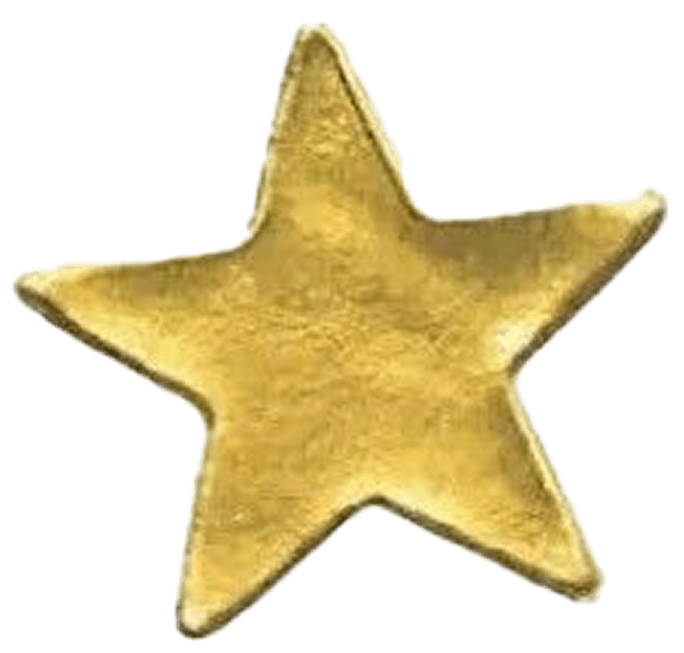 Gold-colored, five-pointed star ornament.