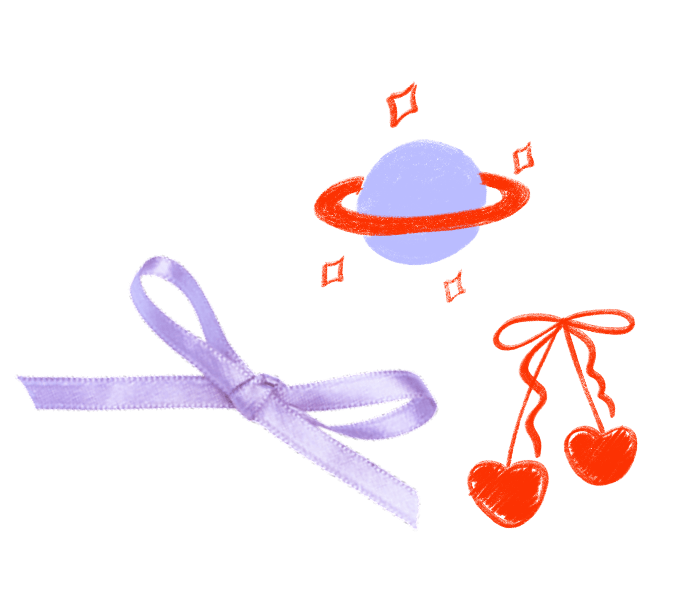 A lavender ribbon, a purple planet with an orange ring and sparkle accents, and two red cherries with red stems and leaves, all on a black background.