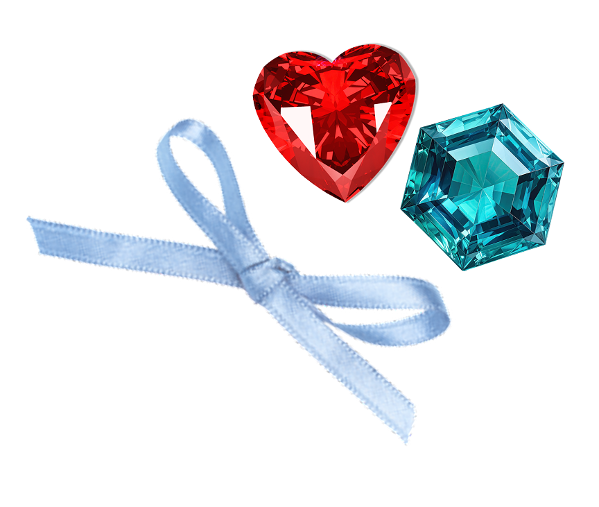 A blue ribbon tied into a bow, with a red heart-shaped gemstone and a blue square-cut gemstone above it.