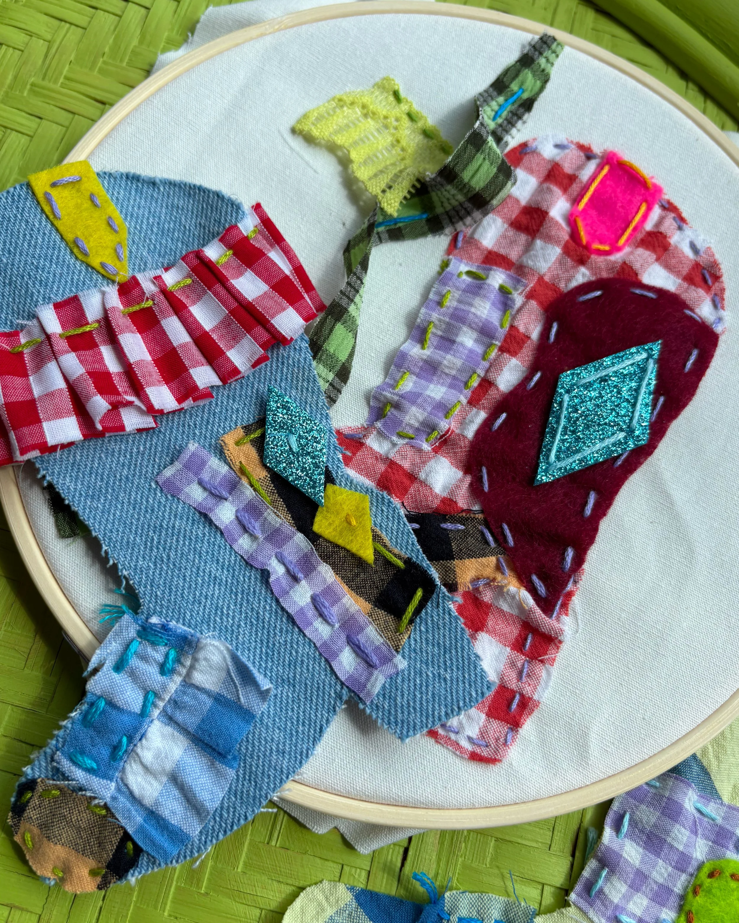 Our 'Boots Embroidery' Appliquéd Cowboy/girl/babe Boots, sewn together using Hand Embroidery techniques, Textiles and Gingham Fabrics.