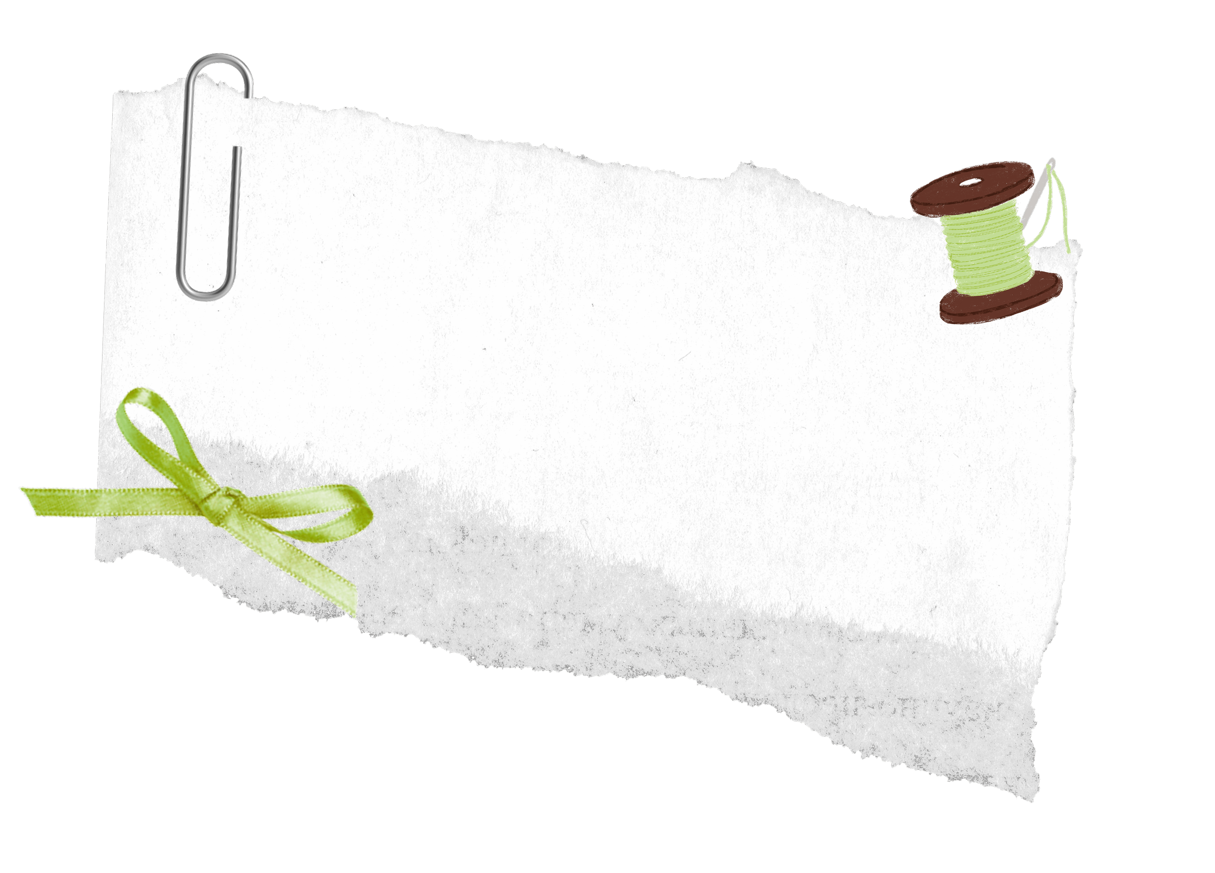 White torn paper note with a green ribbon bow on the bottom left, a paperclip attached at the top left, and a spool of green thread on the top right.