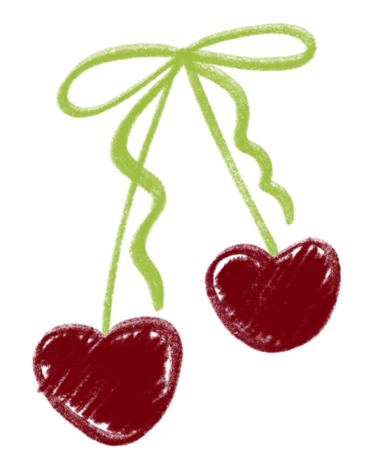 Illustration of two red hearts hanging from green string tied in a bow.