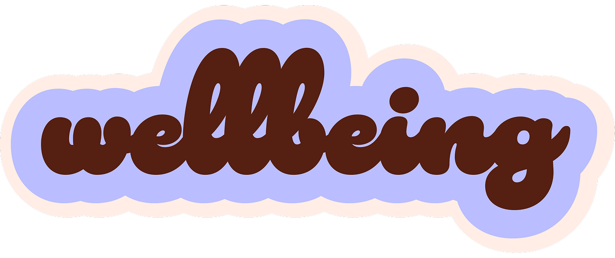 The word "wellbeing" written in dark brown, playful, cursive font with a light purple cloud-like background and a white outline.